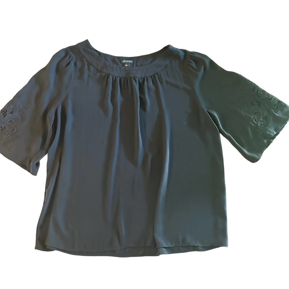 Ann Taylor black blouse top floral lace embroidery sleeve XL